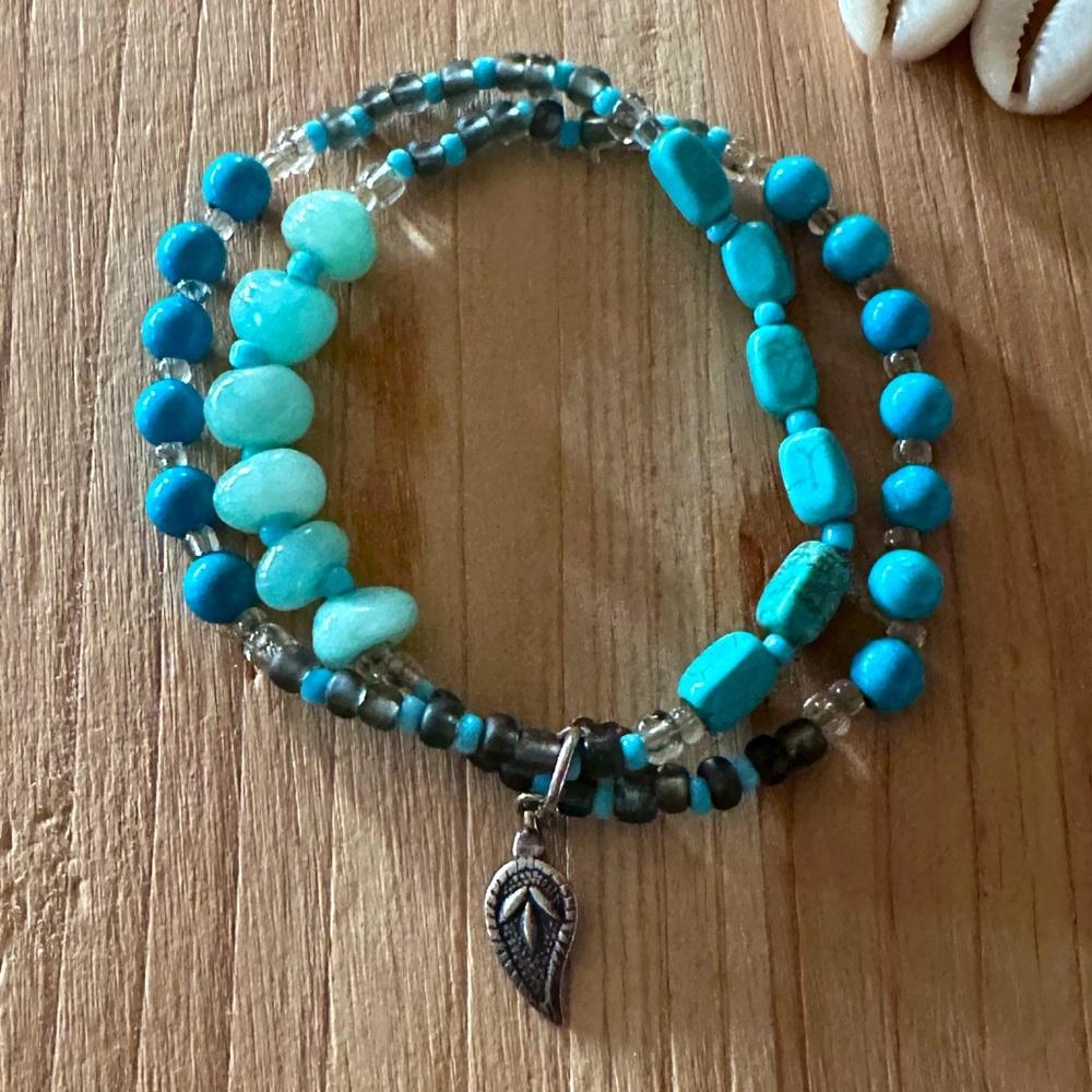 Turquoise Aquamarine Beaded Bracelet with Sterling Silver Charms